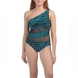 Carmen Marc Valvo One Shoulder Mesh Panel Swimsuit Tropical Leaf Print  12 NWT
